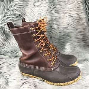 L.L. Bean Brown Leather & Dark Brown Rubber Duck Boots with Tan Laces